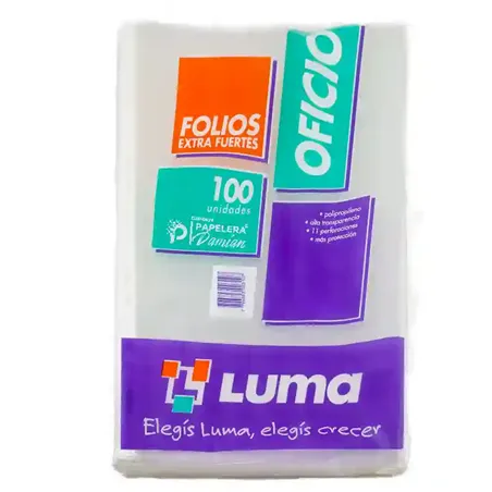 Folios oficio EXTRA FUERTE Luma polipropileno 100 folios 11 perforaciones